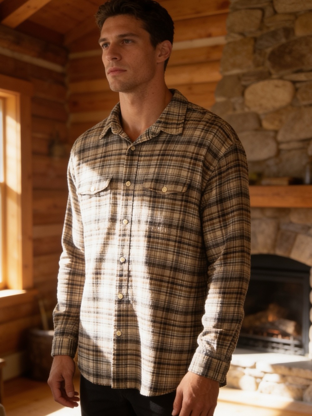 Patagonia Steersman Long Sleeve Plaid Shirt in Beige&Brown Organic Cotton L